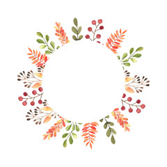 Naklejka premium Hand drawn watercolor illustration. Frame with fall leaves, spruce branch and berries. Forest design elements. Hello Autumn! Perfect for seasonal advertisement, invitations, cards