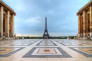Beautiful morning view of the Eiffel tower seen from Trocadero square in spring in Paris, France  