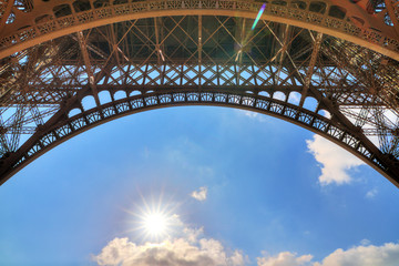 Fototapeta na wymiar Sunny sunshine underneath the Eiffel tower in spring in Paris, France