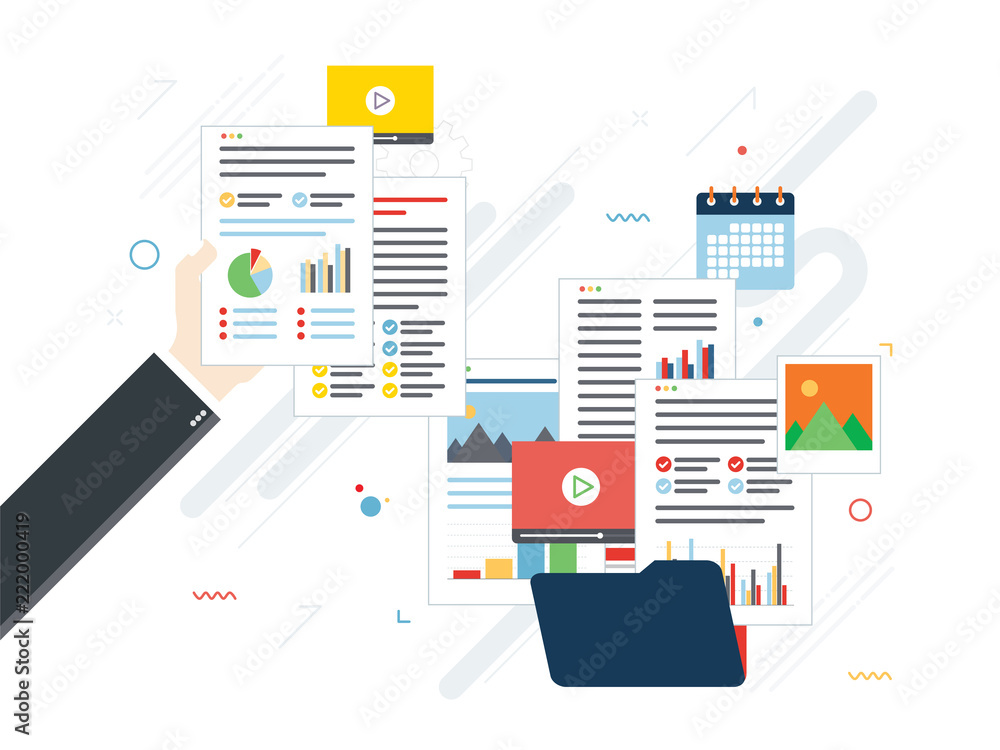 Poster folder with finance documents, data file, video and photo. hands with data sheets in analysis. contr