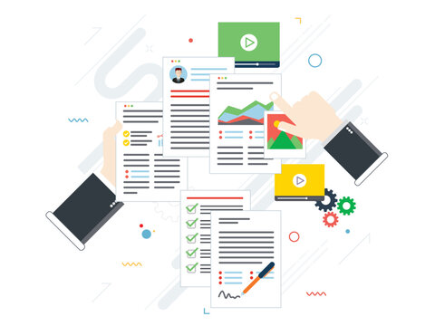 Folder with finance documents, data file, video and photo. Hands with data sheets in analysis. Contract agreement signature. Business paperwork organization concept in flat design vector illustration.