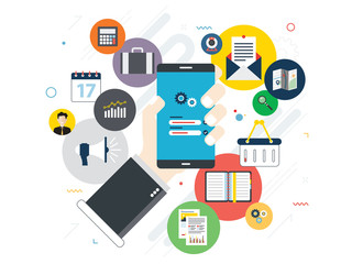 Hand holding mobile phone on login screen. Smartphone application icons connected by lines. Concept of smart communication and technology. Flat vector illustration.