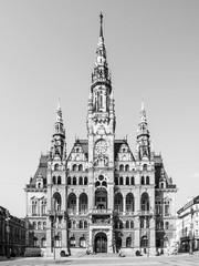 Fototapeta premium Town Hall on Edvard Benes Square in Liberec, Czech Republic. Black and white image.