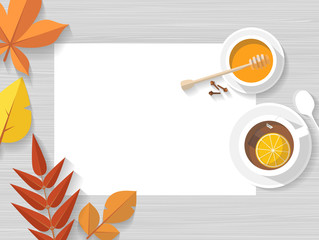 Fototapeta premium Vector top view of autumn still life. Leaves, with hot cup of tea with orange peel and honey.