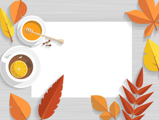 Vector top view of autumn still life. Leaves, with hot cup of tea with orange peel and honey.