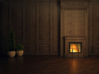 Fototapeta na wymiar fireplace in the room panelled in wood
