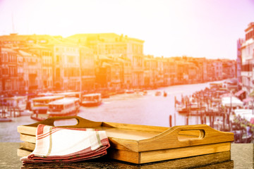 sunset in venice at the wooden table Grand canal  