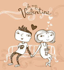 Cute cartoon couple on a bench