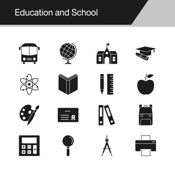 Education and School icons. Design for presentation, graphic design, mobile application, web design, infographics.