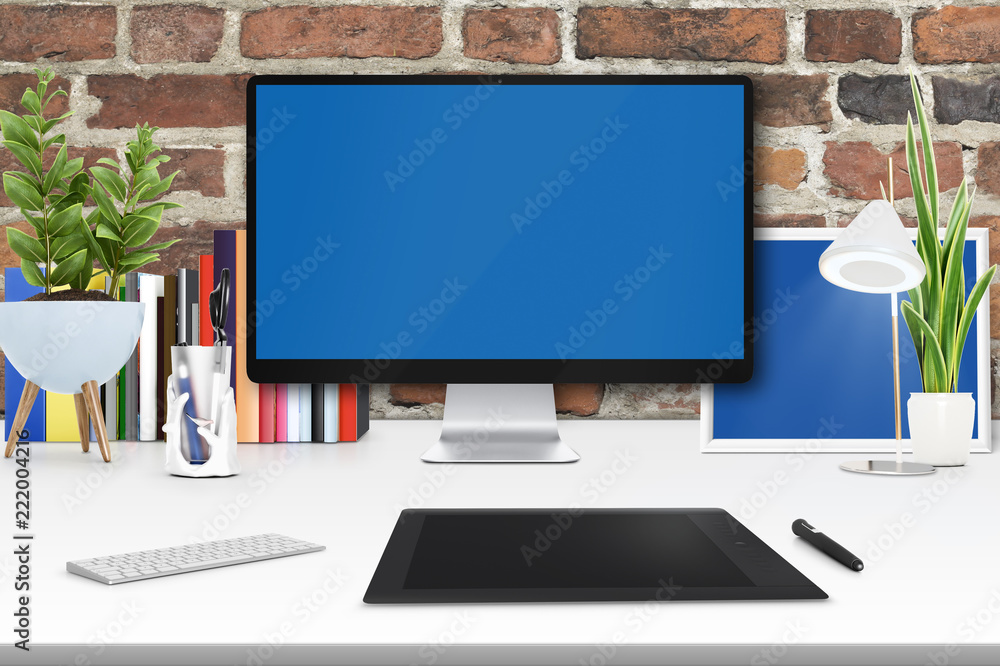 Poster 3d rendering of workspace with graphic tablet