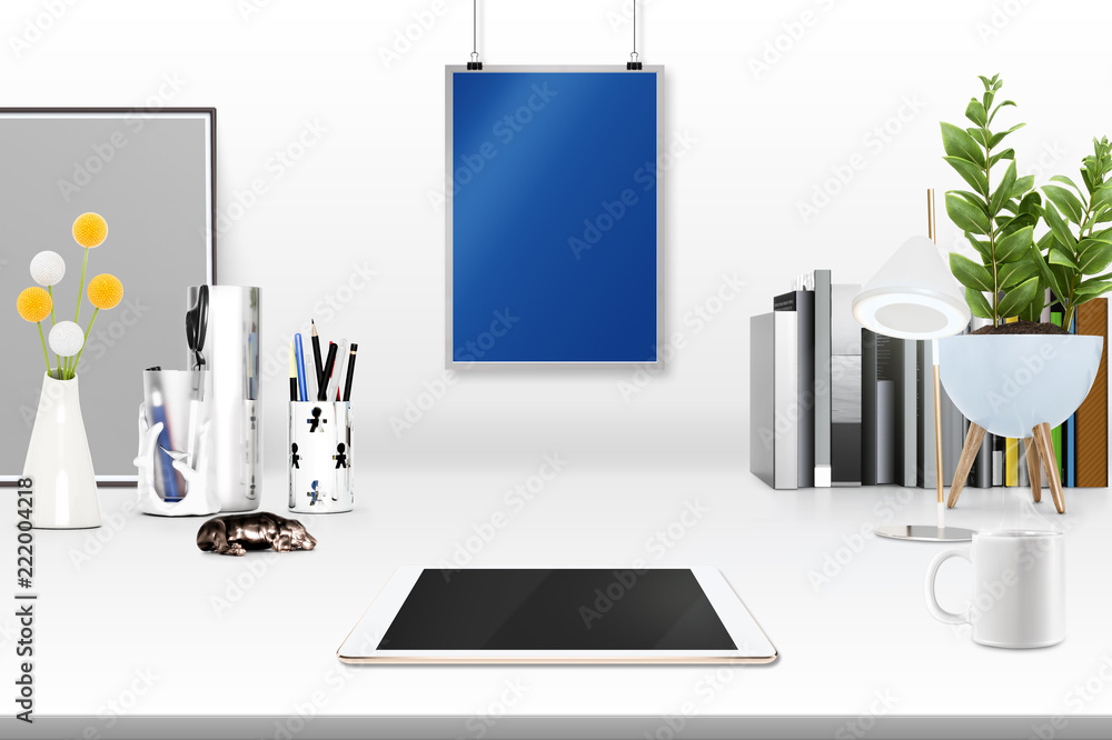 Aufkleber 3d rendering of workspace with tablet