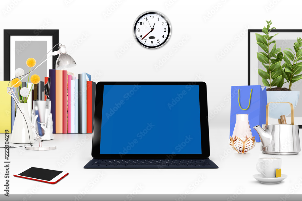 Aufkleber 3d rendering of workspace with tablet