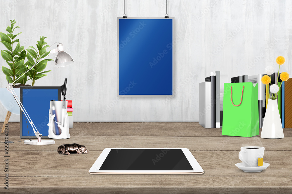Aufkleber 3d rendering of workspace with tablet