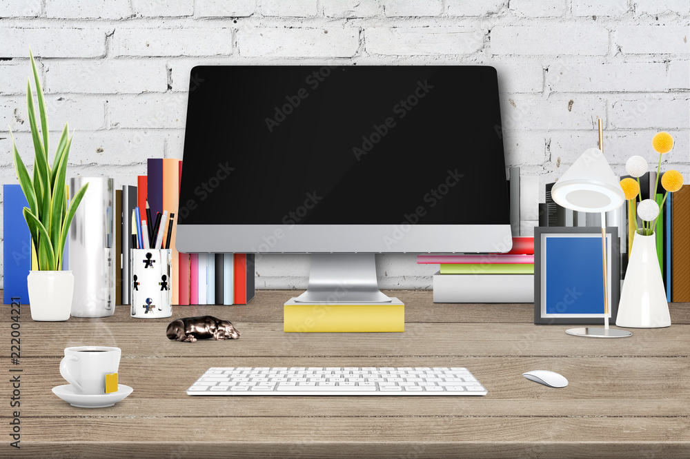Poster 3d rendering of workspace with computer