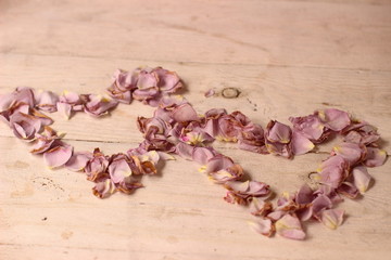 Two blue hearts of rose petals laid out on the wood white table.
