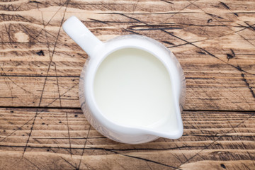 Fresh milk in the milk jug close-up.