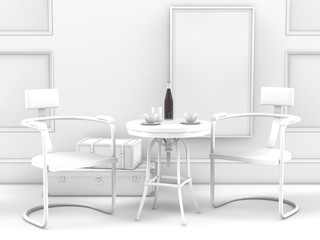 3D illustration of interior design two chairs with table against white wall background