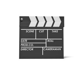 3d rendering of a single black clapperboard with empty fields for movie name isolated on white background.