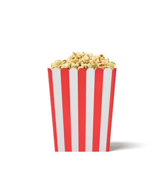3d rendering of a square striped popcorn bucket filled with this snack over the brim on a white background.