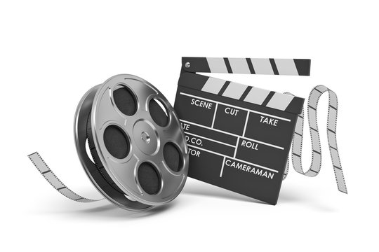 3d rendering of a video reel aand black clapperboard with empty fields on white background.