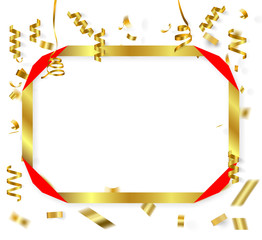 confetti ribbon and  gold frame on white background