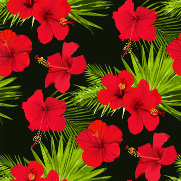 Hibiscus flower vector seamless pattern on a black background flowered tropical textures