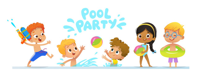 Fototapeta na wymiar Pool party Invitation template baner. Multiracial Children have fun in pool. Redhead boy with a toy water gun jumping in a pool. Children playing with a ball in the water.