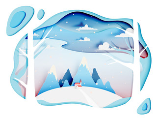 Winter landscape with paper art style and pastel color scheme