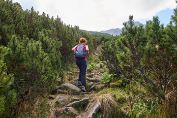 Woman hiking into the mountains