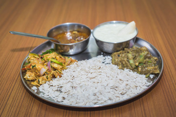 Nepali Style Snacks on the Plate with Meat ,Curd and Pickle.Khaja Set