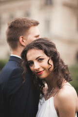 Beautiful wedding couple, bride, groom kissing and hugging against the background of theater