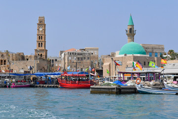 View on the walls and the port of the Old Fortress of Acre from the seaside.