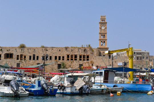 View on the walls and the port of the Old Fortress of Acre from the seaside.