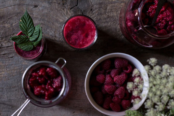 Fresh homemade raspberry juice made of 100%  organic fruit. Summer season. Healthy lifestyle