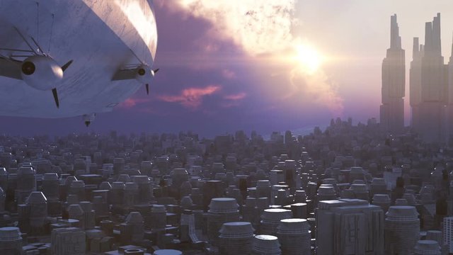 Zeppelin over the Sci-Fi city. Rear view to the dirigible that fly over the city toward the sun. There are storm clouds almost covered the sun