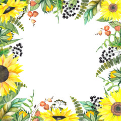 Frame of sunflowers, watercolor twigs, leaves, berries and autumn flowers