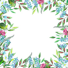 Fototapeta na wymiar Frame of watercolor blue and pink flowers, leaves and green twigs