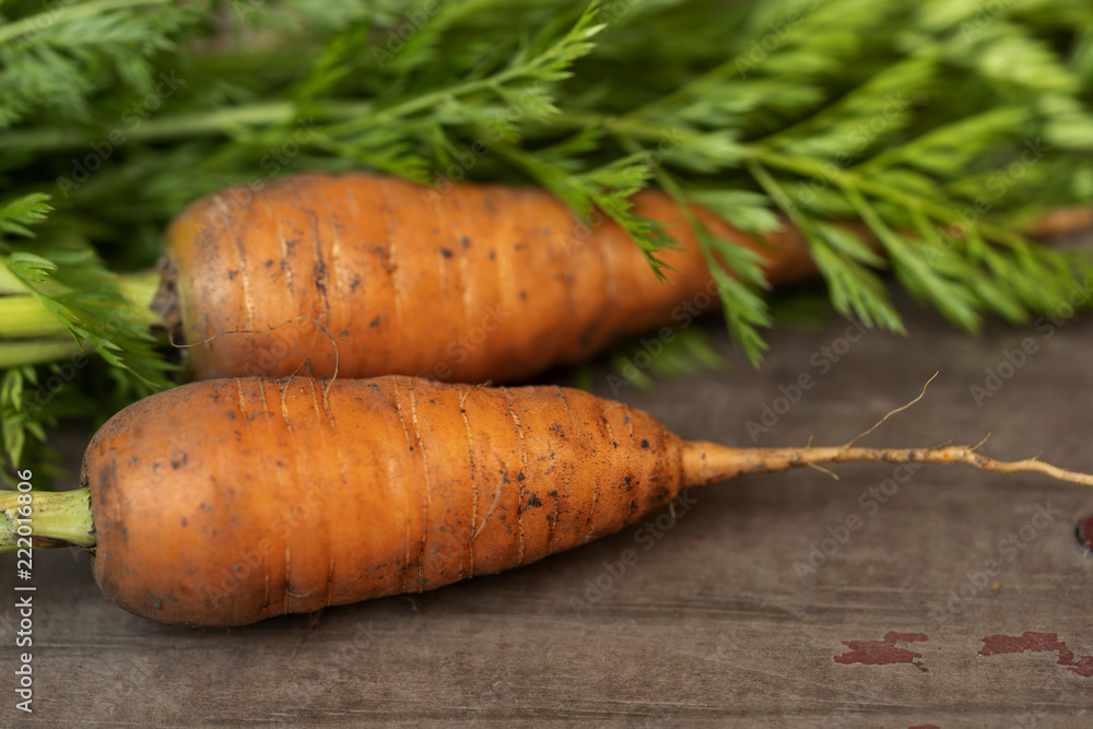 Wall mural two carrots on old wood table