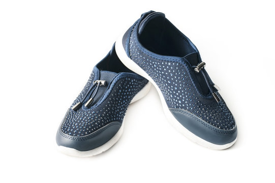 Blue Sport Shoes For Girls On A White Background. Universal Shoes For Young Girls