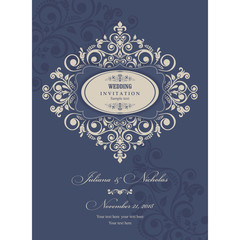 Wedding invitation cards  baroque style blue and beige. Vintage  Pattern. Retro Victorian ornament. Frame with flowers elements. Vector illustration.