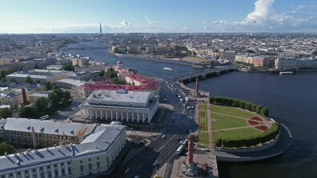 Aerial panorama view of the city center of St. Petersburg, Rostral columns and Peter and Paul Fortress, Russia, 4k