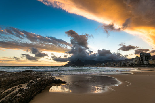 Scenic View of Ipanema Beach in Rio de Janeiro by Sunset