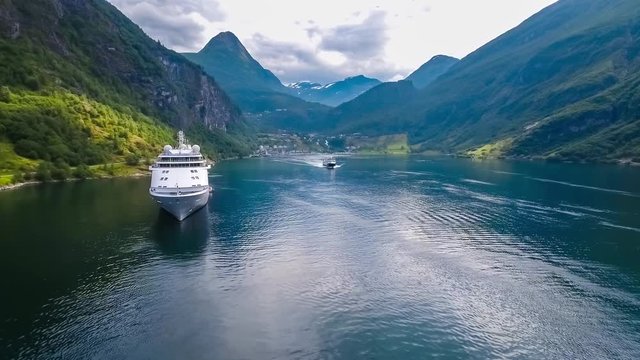 Cruise Liners On Geiranger fjord, Norway
