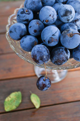 plums on summer time on wood table in glass vase