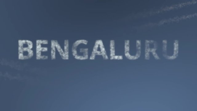 Flying airplanes reveal Bengaluru caption. Traveling to India conceptual intro animation