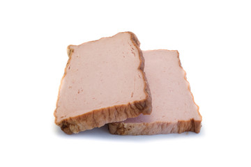 fleischkäse fleischlaib leberkäse isoliert freigestellt auf weißen Hintergrund, Freisteller