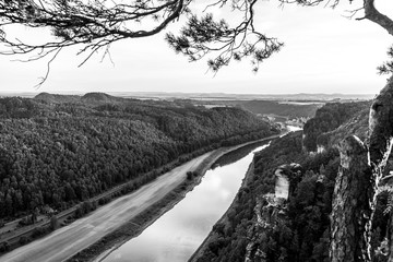 Landscapes of Saxon Switzerland - is the German part of Elbe Sandstone Mountains. The valley of the river Elbe. Black and white.