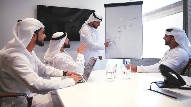 Four businessmen in dubai working in their office, planning the future development of the company

