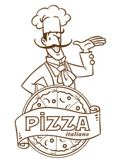 Funny italian chef with pizza. Emblem design