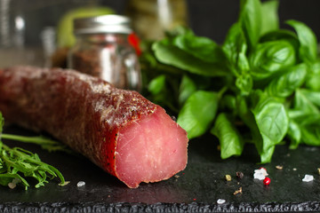 meat smoked jerky - raw meat sausage meat. food background. top view and copy space